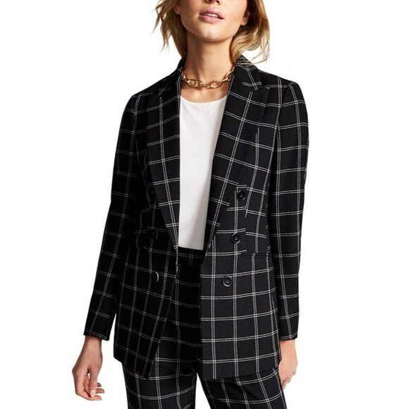 Bar III Blazer Black Windowpane Plaid Double Breasted Open Front - Picture 1 of 9